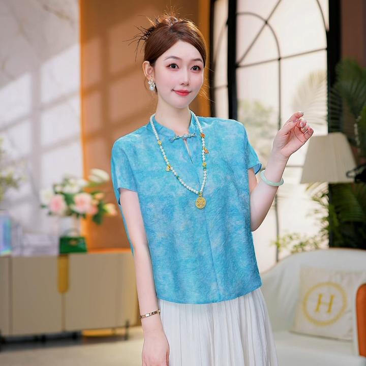 现货【湖光月色】新中式国风女装盘扣衬衫上衣夏款短袖显瘦宽松T恤