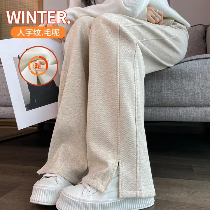 毛呢加绒阔腿裤女秋冬季开叉裤子人字纹直筒加厚窄版镰刀香蕉裤女
