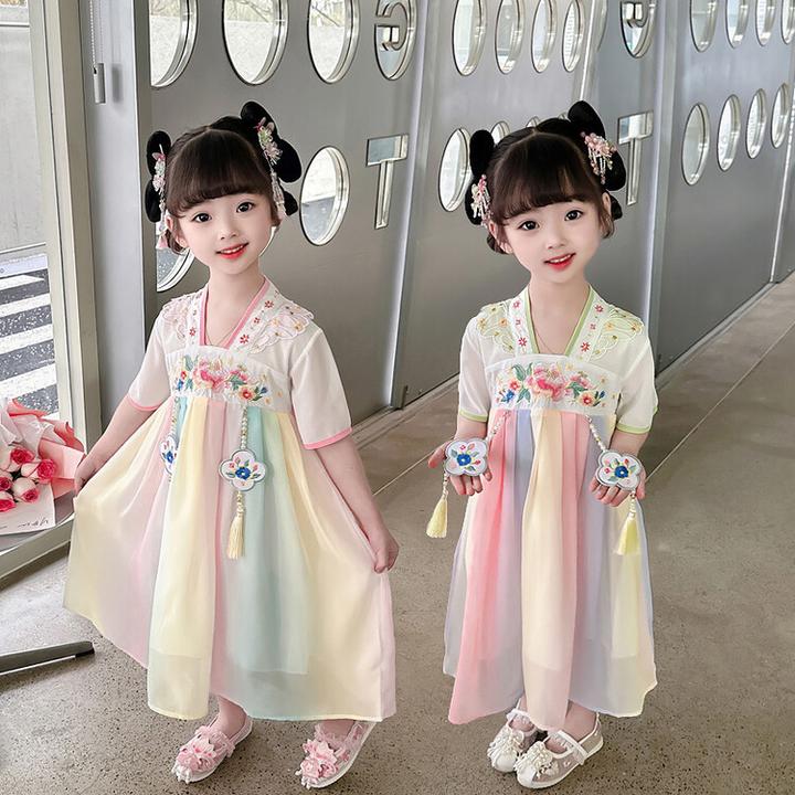 中小女童连衣裙绣花汉服女宝宝夏季中国风彩虹渐变色裙子表演专供