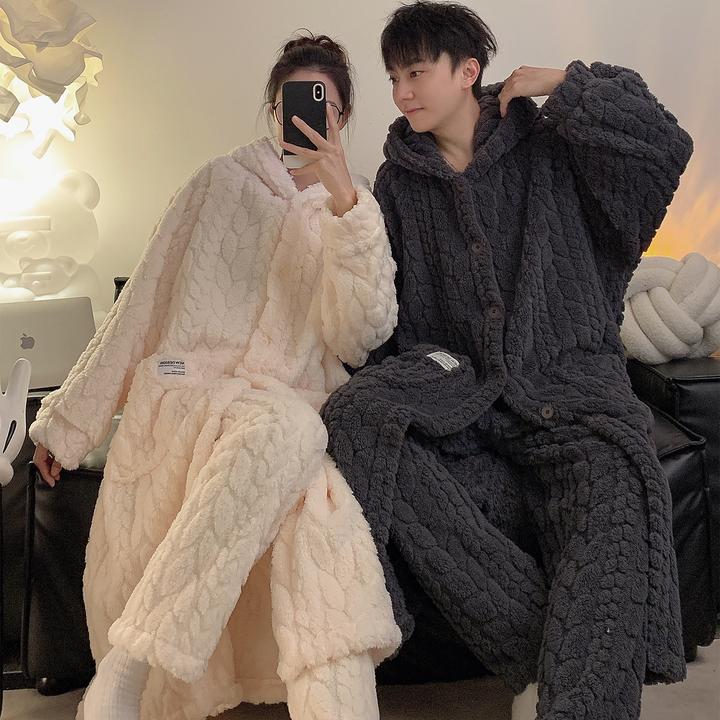 情侣睡袍睡衣女秋冬季珊瑚绒男士25新款加厚长毛绒纯色家居服套装