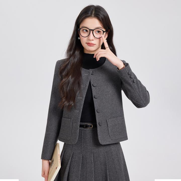 灰色毛呢西装套装女2025秋冬新款高端气质面试小个子通勤西服套裙