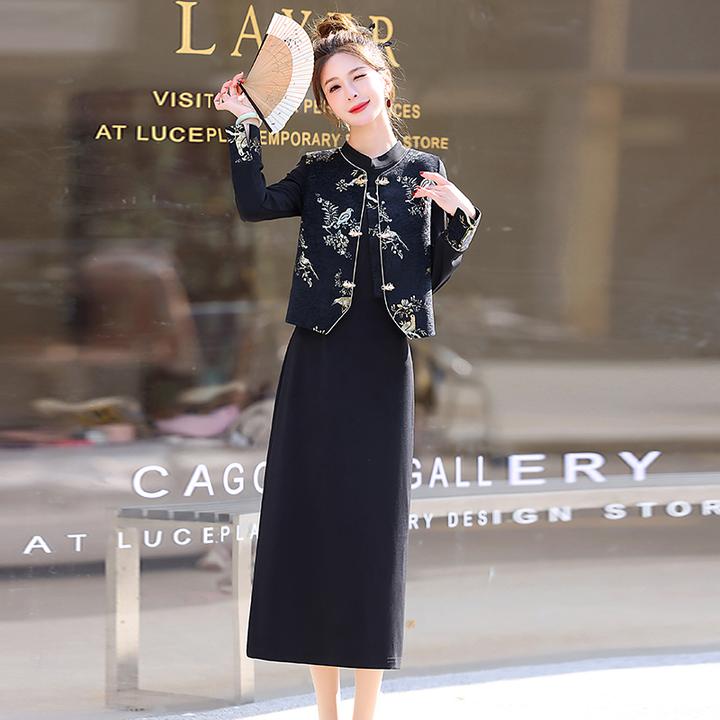 国风复古提花马甲套装女2025春秋新中式气质时尚盘扣连衣裙两件套