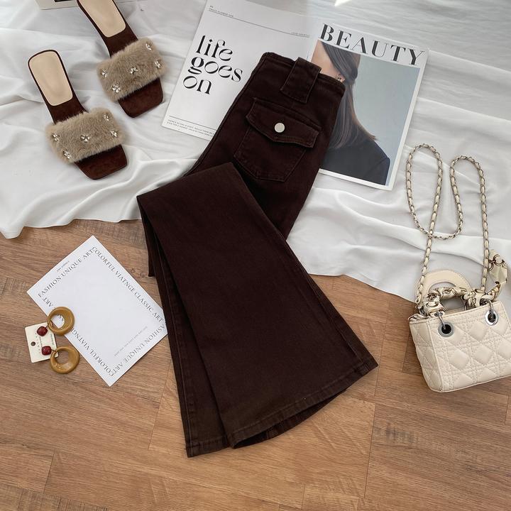 咖色百搭微喇牛仔裤女冬季2025年超高腰显瘦修身小个子加绒喇叭裤
