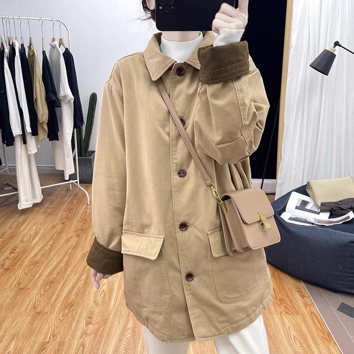 复古中长款长袖外套棉衣Polo领女秋冬季新款宽松设计百搭通勤上衣