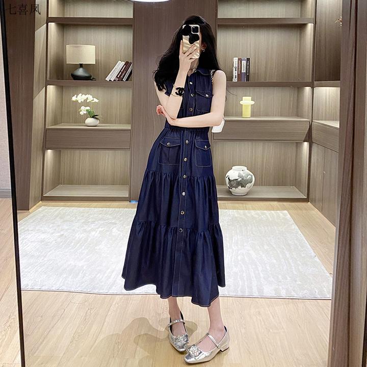 优雅复古韩风无袖连衣裙天丝牛仔材质立体裁剪大摆长裙夏季通勤纯