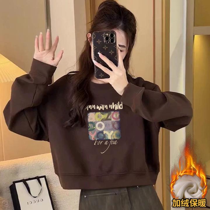 2025秋冬新款华棉圆领女士短款外套印花高腰百搭加绒/不加绒卫衣