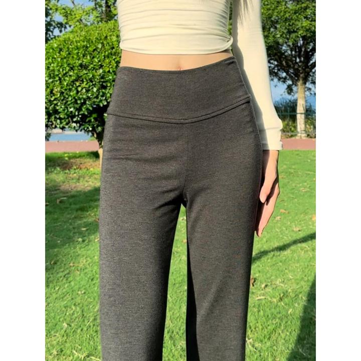 深灰色加绒喇叭运动裤女秋冬高腰显瘦休闲小个子美式马蹄微喇卫裤