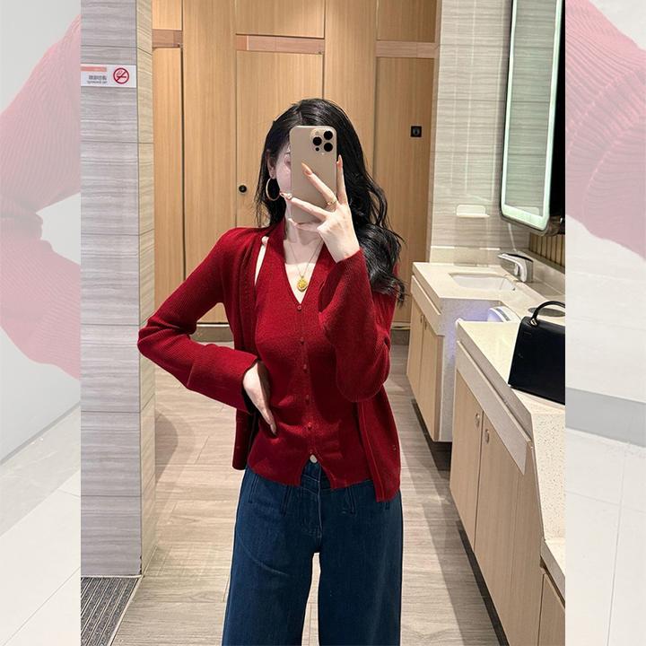 【现货次日发】慵懒风开衫长袖针织衫上衣外套秋季内搭挂脖吊带背心