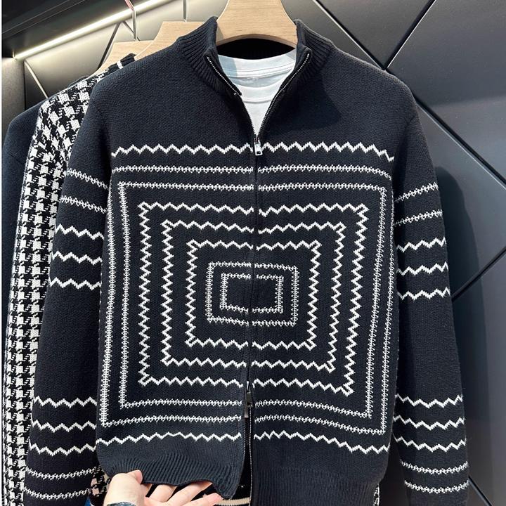回型提花开衫外套抗起球轻奢双拉链针织毛衣秋冬男士加厚休闲上衣