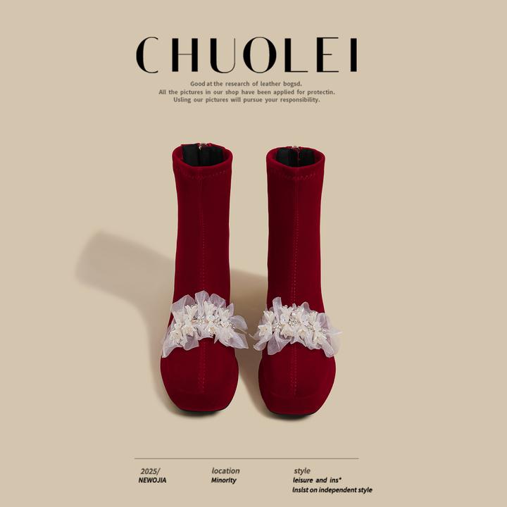 【DR轻奢正品】2025秋冬季新款粗跟骑士靴女红色网上水钻高跟加绒