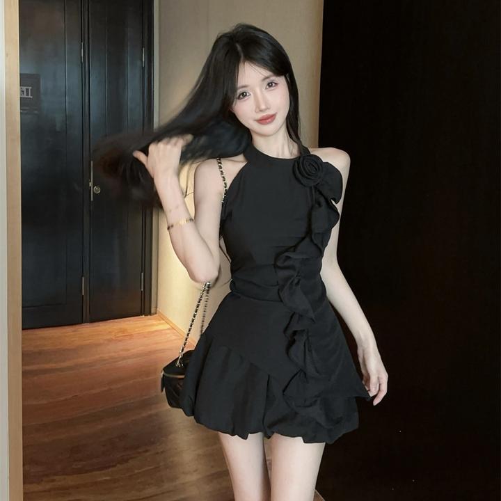 实拍实价 设计感荷叶边无袖上衣+灯笼花苞短裤女夏时尚套装 夏季