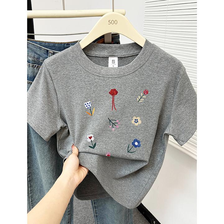 韩版小众圆领花朵印花短袖t恤女夏季新款时尚流行正肩设计感上衣
