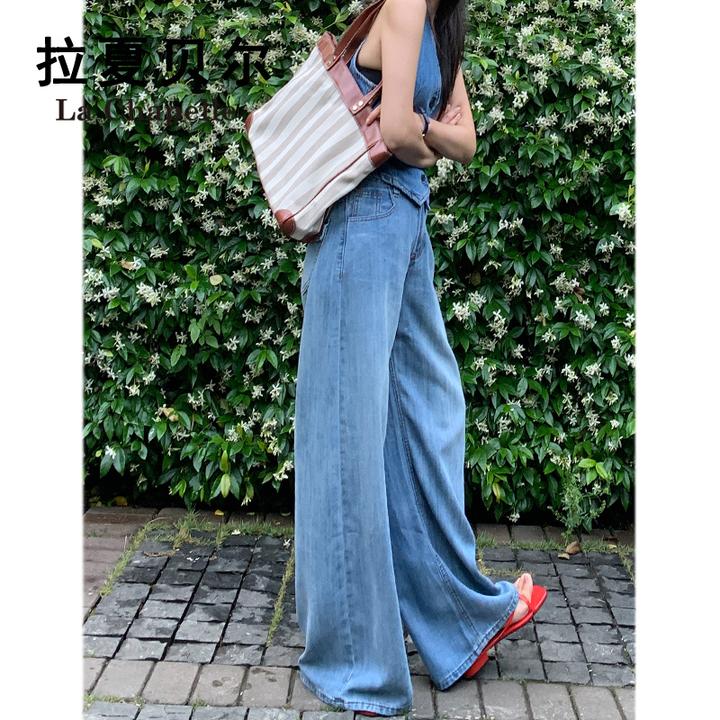 拉夏贝尔复古炸街阔腿牛仔裤女2025秋装洋气高腰垂感拖地直筒裤子