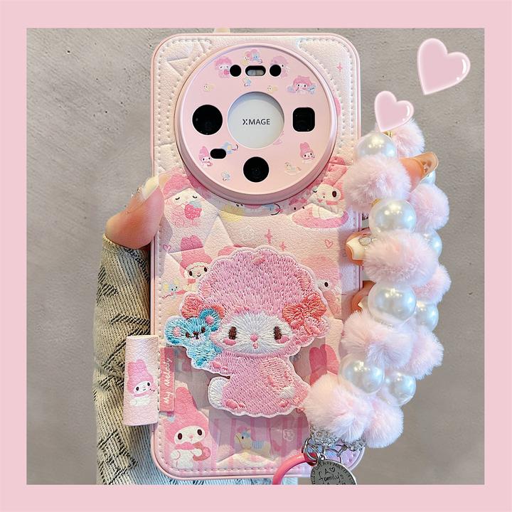 适用华为mate80promax新款手机壳少女粉可爱刺绣美乐蒂手链mate70