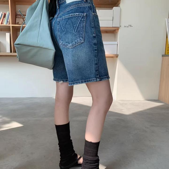 欧货复古阔腿四分牛仔裤女2025夏季新款洋气高腰宽松百搭直筒中裤