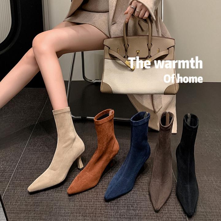 7.5cm~法式洋气短靴女秋冬新款细跟高跟鞋弹力靴小个子气质瘦瘦靴