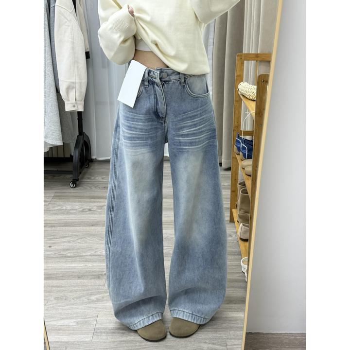 微胖mm辣妹街头风复古水洗牛仔裤女秋冬款高腰显瘦宽松做旧阔腿裤