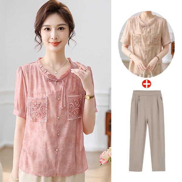 中年妈妈夏装上衣2025新款洋气国风中老年女短袖T恤雪纺小衫套装