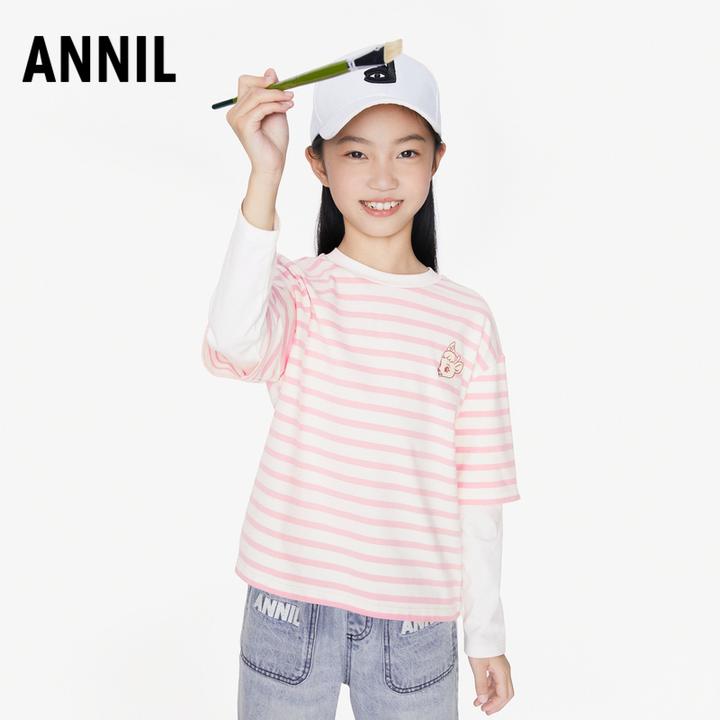安奈儿女童圆领长袖条纹T恤2025秋新款假两件针织打底衫EG531613