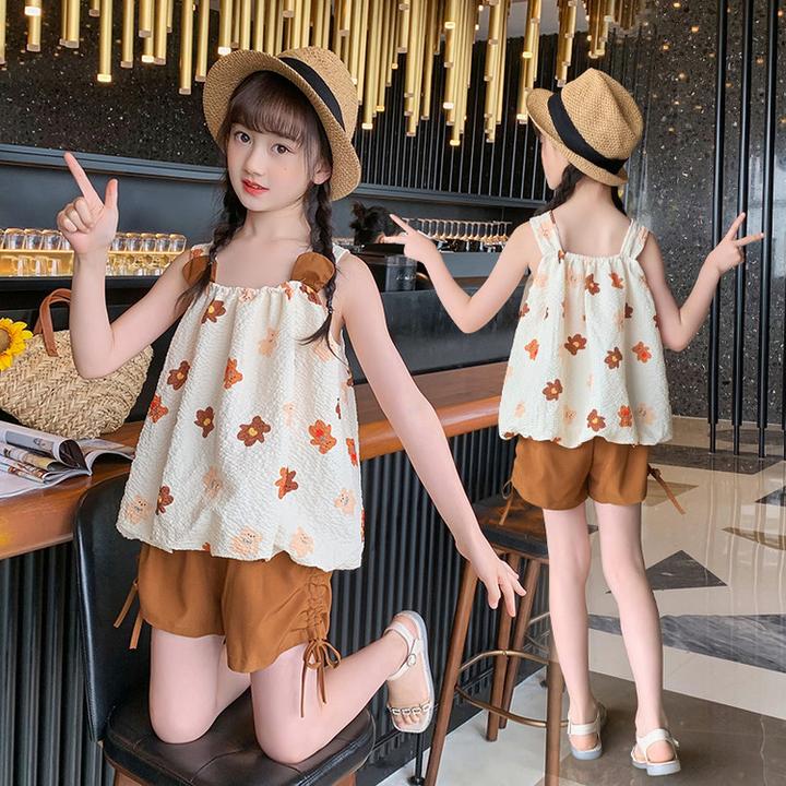 女童t恤夏季短袖套装雪纺衫儿童吊带背心小女孩炸街上衣夏款洋气