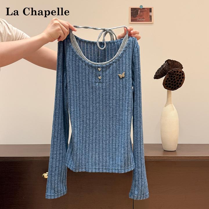 拉夏贝尔设计感蝴蝶装饰圆领磨毛上衣女秋冬高级感修身显瘦打底衫