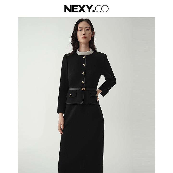 NEXY.CO/奈蔻小香风气质黑色时尚法式连衣裙XF06225W0