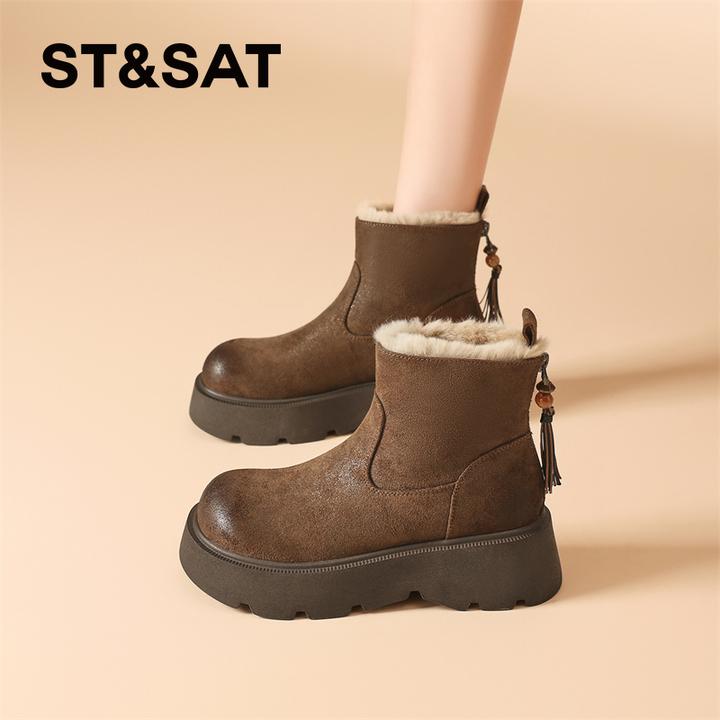 星期六加绒厚底雪地靴女2025冬季新款保暖毛毛棉靴复古超火小短靴