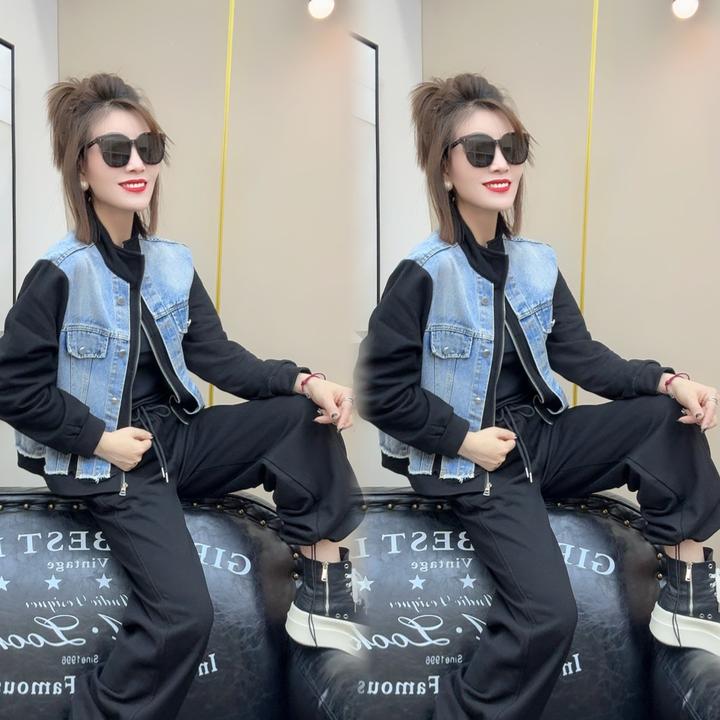 假两件上衣拼接牛仔+裤子两件套