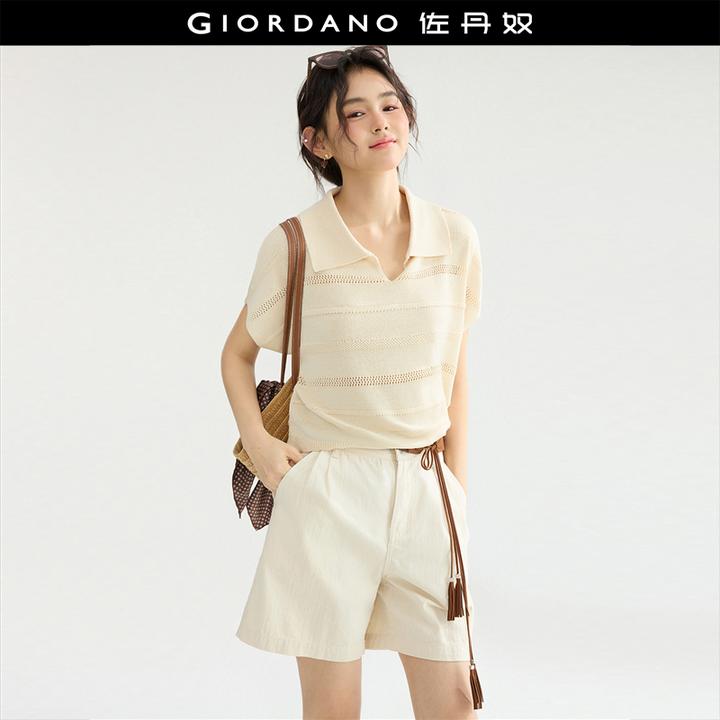 【设计师款】佐丹奴镂空提花V字翻领连袖短款毛织针织衫 18355505