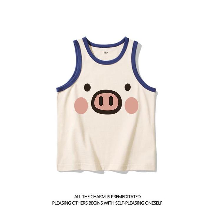 猪猪国潮复古趣味卡通印花儿童纯棉背心夏季男女童亲子无袖t恤男