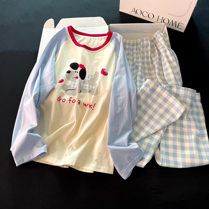 纯棉睡衣女士春秋季长袖大码凉感可外穿蓝格条纹狗套装夏天家居服