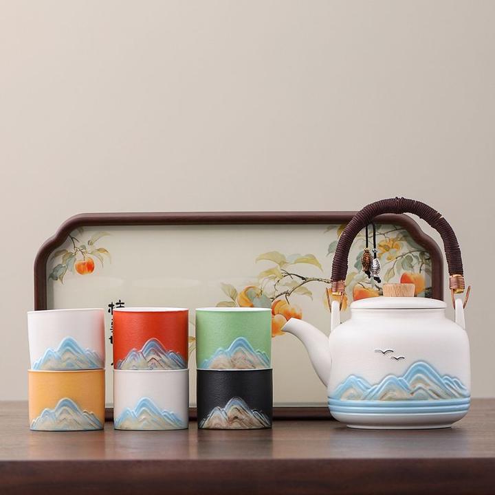 千里江山功夫茶具套装家用办公高档大容量泡茶壶茶杯花茶壶冲茶器