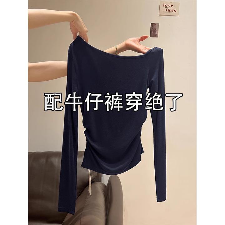 韩系斜肩露锁骨长袖T恤女春季甜辣妹不规则设计褶皱收腰显瘦上衣