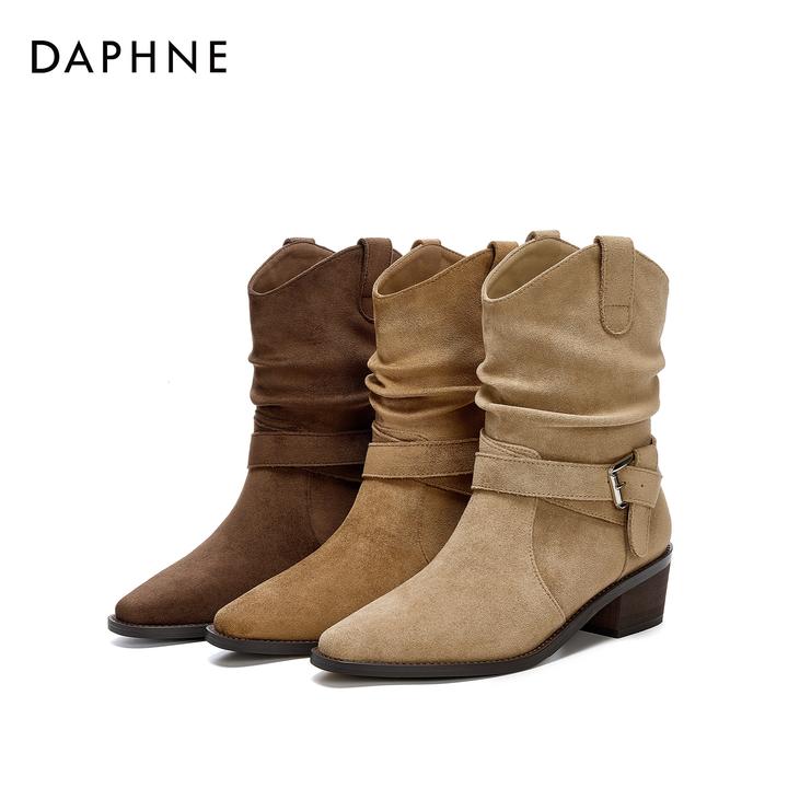 达芙妮新款时尚百搭粗跟尖头短靴软底秋冬氛围感复古港风时装靴