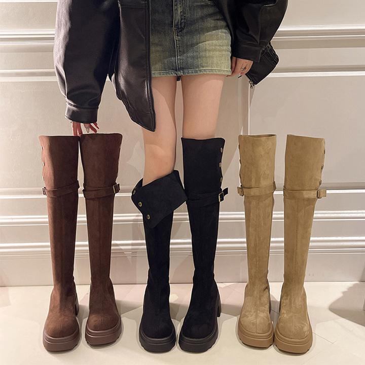 高跟翻折长筒靴子女小个子春秋过膝长靴粗跟弹力瘦瘦靴高筒骑士靴