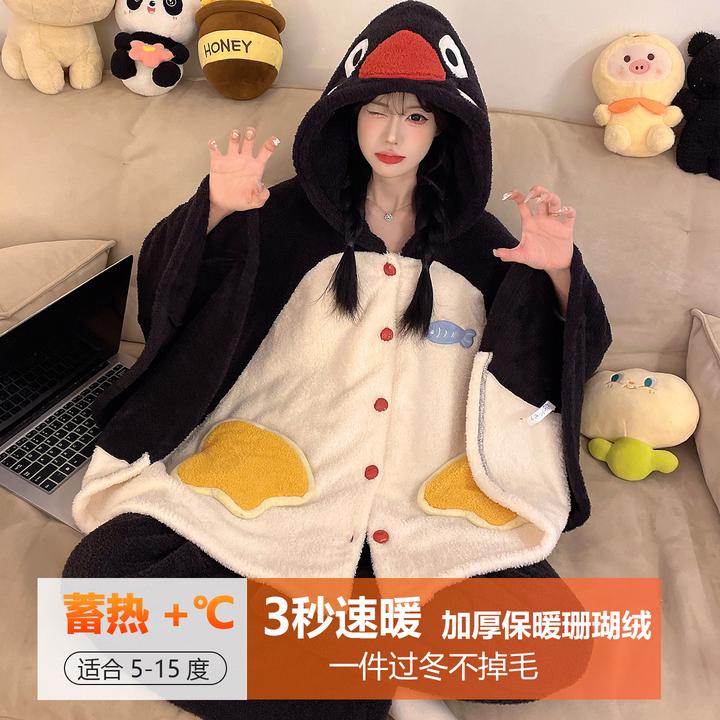 睡衣女冬季加绒加厚可外穿保暖珊瑚绒两件套连帽斗篷式2025年新款