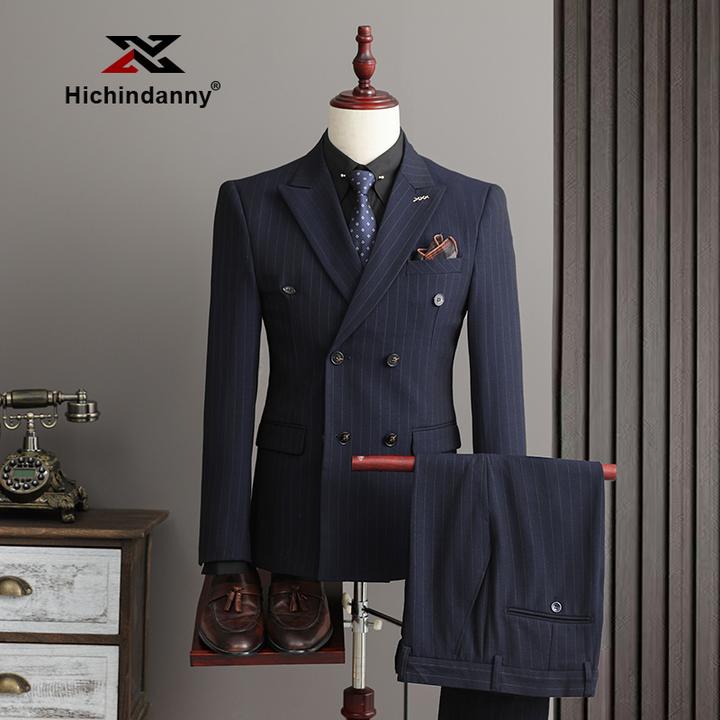 HICHIN商务休闲西装套装男士春秋季双排扣礼服职业正装修身西服