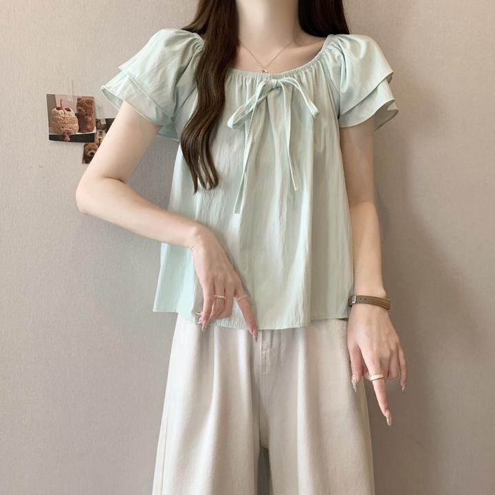 蝴蝶结系带宽松露肩短袖衬衫女夏季法式薄荷绿色衬衣遮肉显瘦上衣