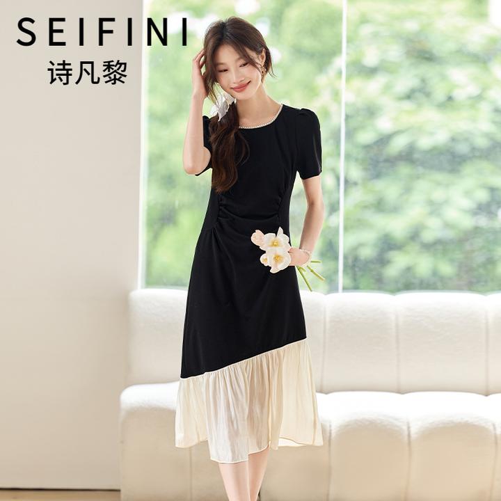 SEIFINI/诗凡黎折扣女装法式气质连衣裙显瘦通勤优雅撞色拼接长裙