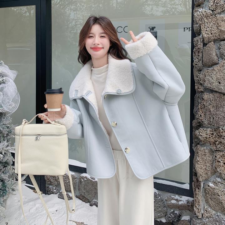 浅蓝色两面穿羊羔毛外套女冬2025新爆款韩系小个子短款仿皮毛一体