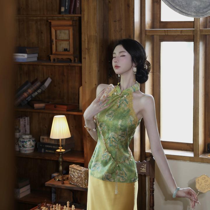 【雅乔定制】桃花源 蝶戏牡丹绿色新中式国风无袖上衣DYYY-25055949