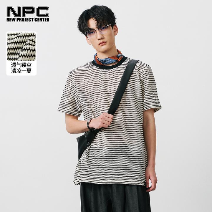 NPC潮牌撞色条纹镂空圆领T恤男微弹落肩廓形舒适宽松NP52TE09