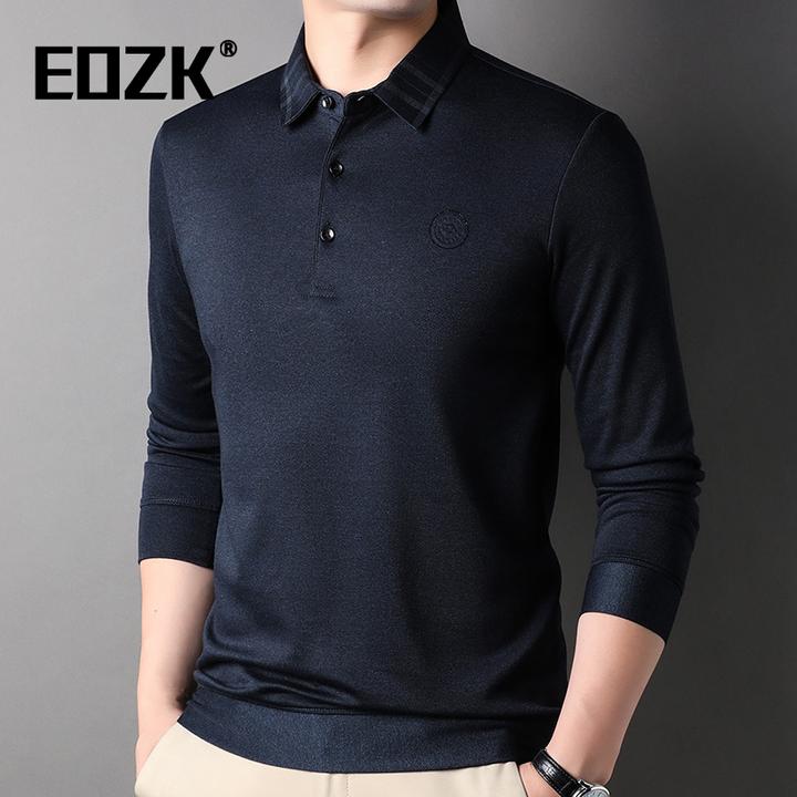 Eozk轻商务休闲长袖T恤男2025秋季新款翻领纯色舒适爸爸装polo衫