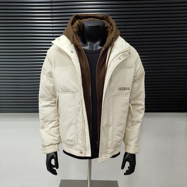 假两件连帽羽绒服男士冬季新款加厚保暖面包服潮流皮外套鸭绒衣潮