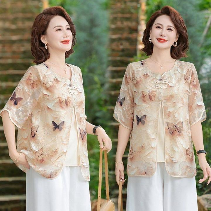 夏季妈妈装国风上衣洋气减龄v领衬衫中老年女装宽松打底雪纺小衫