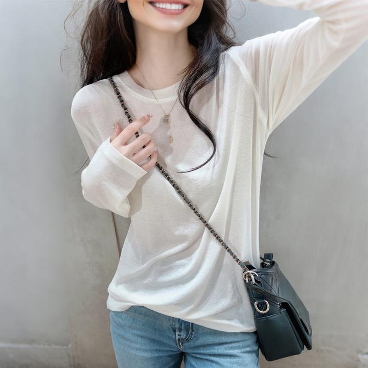 白色圆领正肩莱赛尔天丝面膜T恤女春秋新款洋气长袖打底体恤上衣