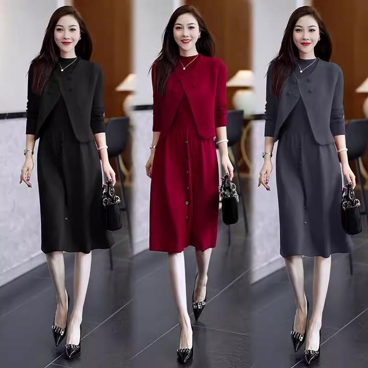 针织连衣裙女2025春秋新款时髦洋气中长款马甲裙子显瘦气质两件套