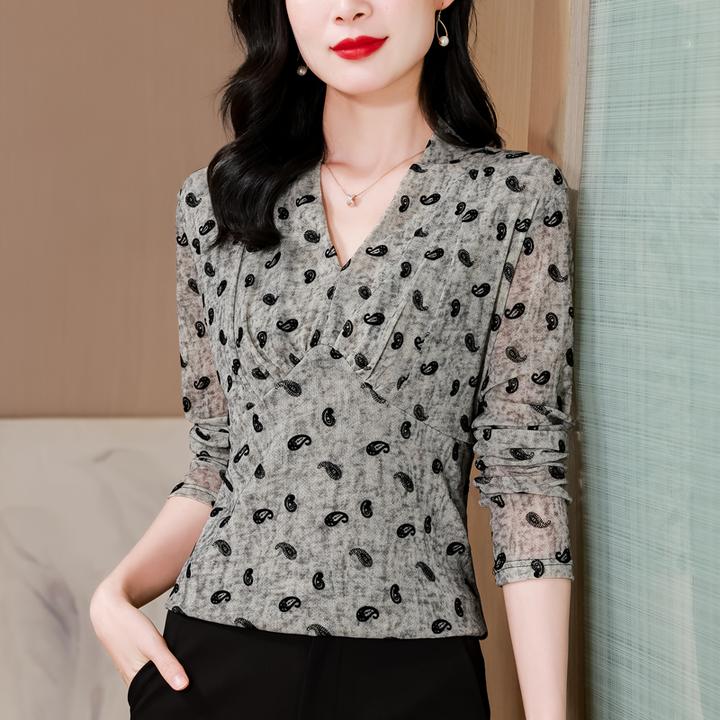 秋季中年气质V领长袖t恤洋气显瘦收腰百搭网纱设计感印花打底上衣