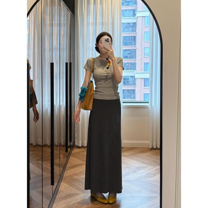 MARIE.COCO灰色正肩短袖两件套夏季新款高级感轻熟风长裙气质穿搭