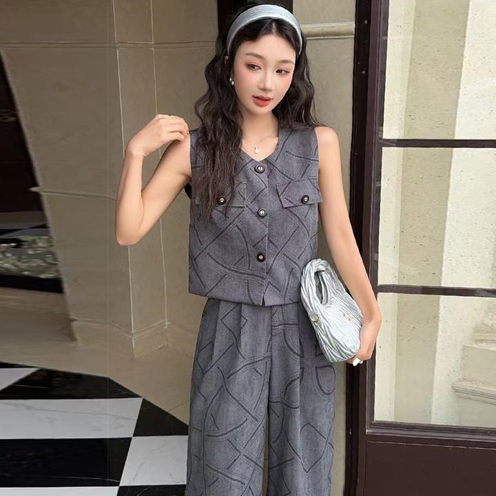 时尚套装女夏季2025新款显瘦高级感背心衬衫上衣休闲阔腿裤两件套